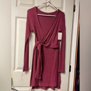 Free People Maroon Ribbed Tie Long Sweater